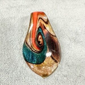 Tear Drop Art Glass Red And Blue With Copper Gold Sparkle Pendant For Necklace